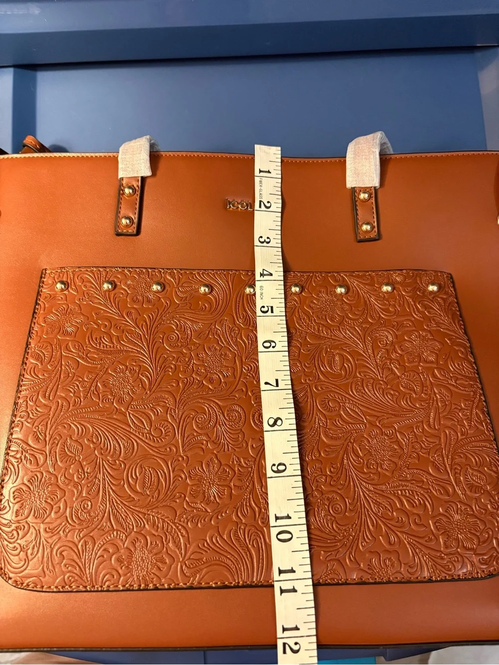 NWT ICOLRAE Cognac Brown Embossed Tooled Tote Bag & Wristlet Set Boho - Picture 11 of 13